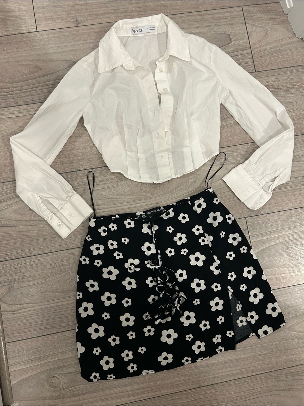 Bershka White Cropped Button-Down with Black Floral Lace-Up Mini Skirt